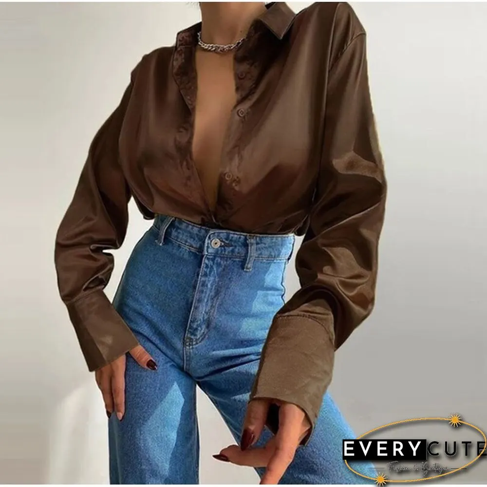 Women Elegant Satin Solid Long Sleeve Blouses Female Spring Vintage Loose Straight Buttons