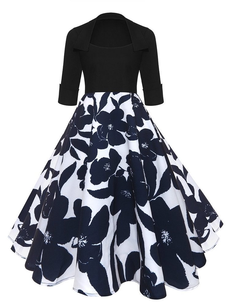 Mayoulove Women's Black Dress Vintage Floral Print Midi Sleeve Swing Dress-Mayoulove