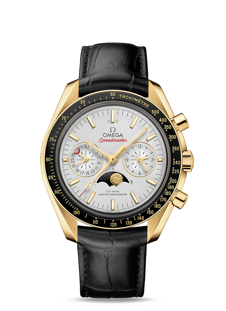 MOONPHASE CO‑AXIAL MASTER CHRONOMETER MOONPHASE CHRONOGRAPH 44.25 MM 304.63.44.52.02.001 FAVOURITES COMPARE Yellow gold on Leather strap