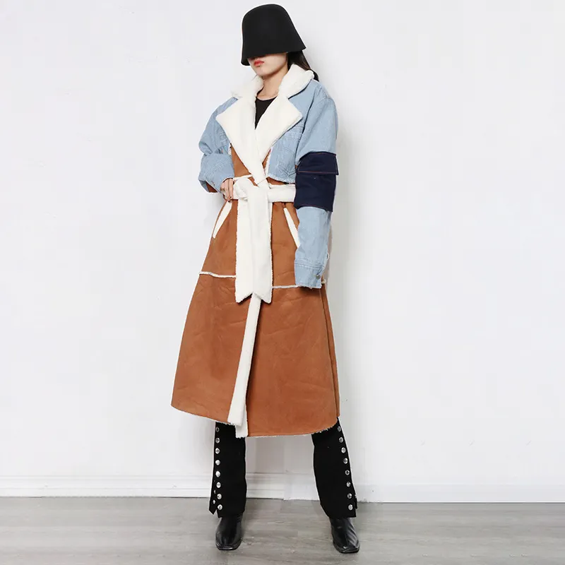 Uveng Uveng New Long Denim Splicing Lamb Wool Coat Female Lapel Waist Show Thin Temperament Fashion Coat