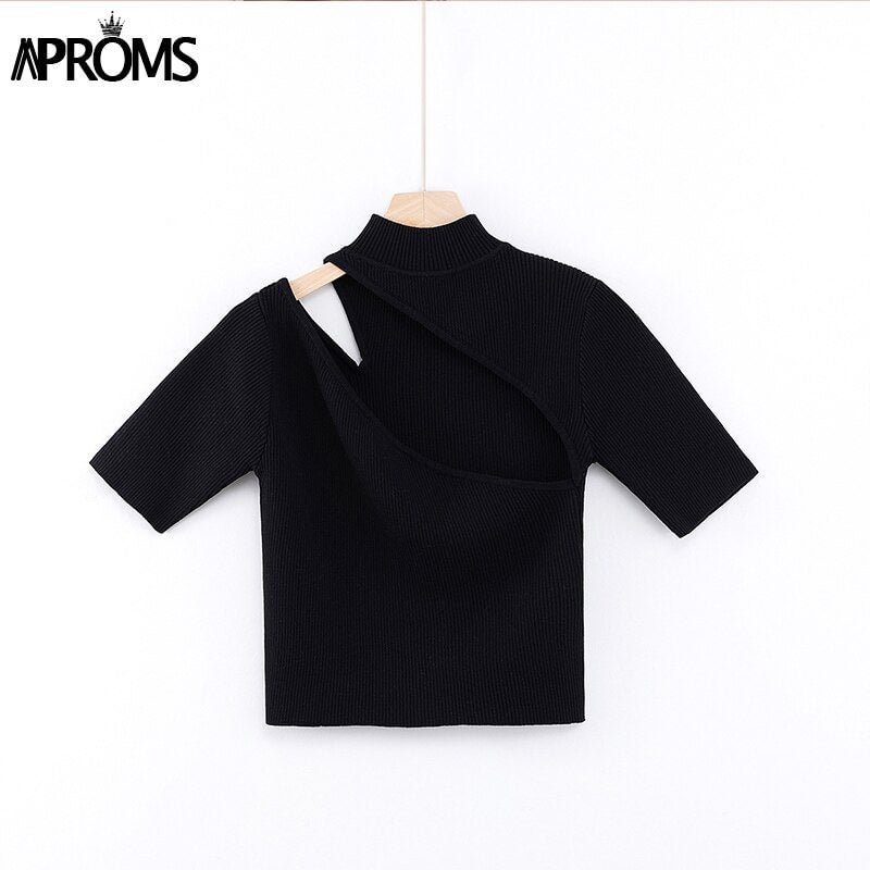 Aproms Candy Color High Neck Ribbed Knitted T-shirt Women Sexy Short Sleeve Strench Tshirt Ladies Streetwear White Crop Top 2022
