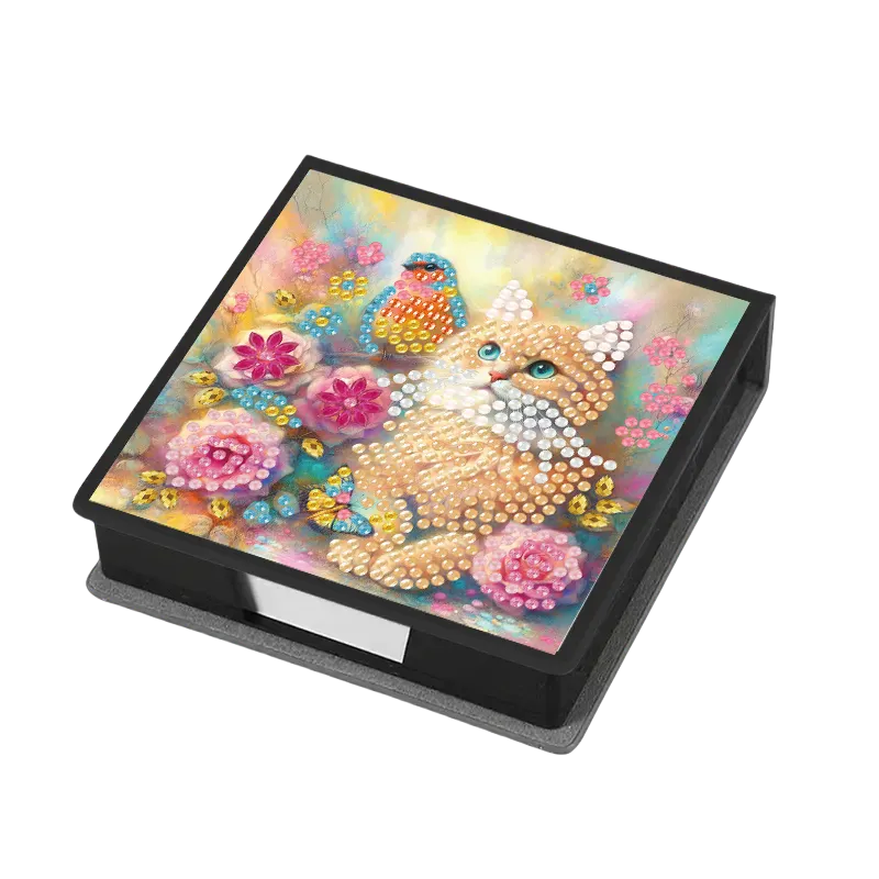 Cats Flowers PU DIY 5D Diamond Painting Note Box with 160 Sheets for Office Home
