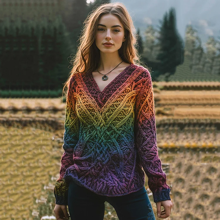 Vintage Irish Rainbow V-neck Knitted Jacquard Aran Sweater