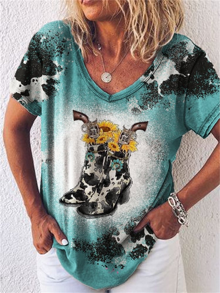 VChics Western Cowboy Boots Cow Print Bleached T Shirt