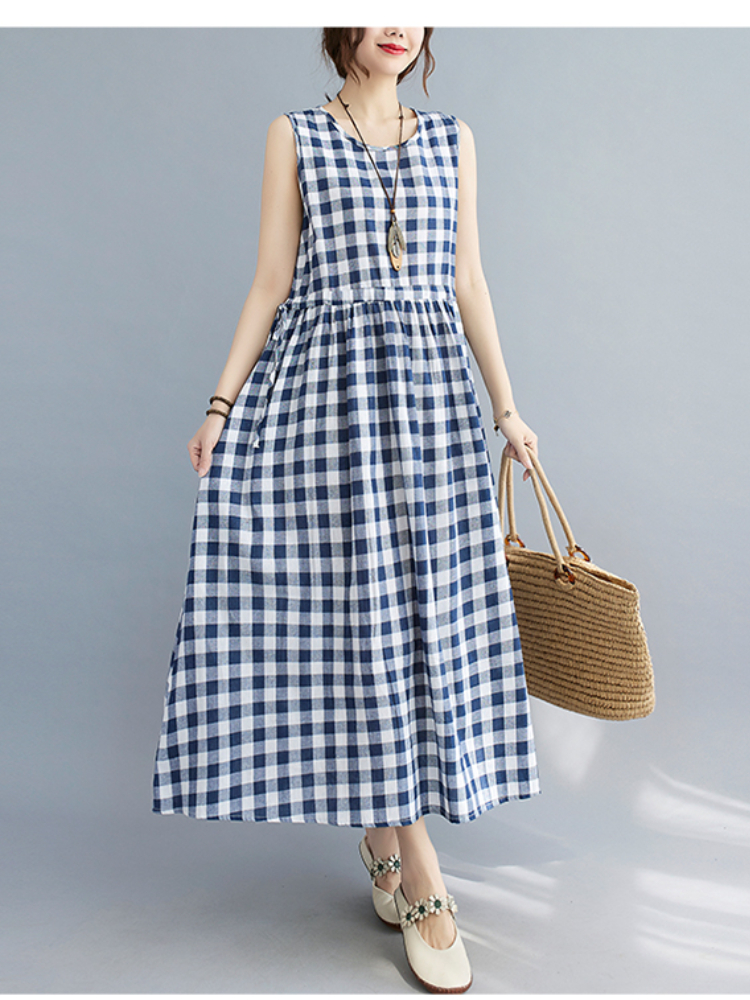 Fashion Plaid Artistic Round Neck Waist Slim Sleeveless Drawstring Linen & Cotton Dress