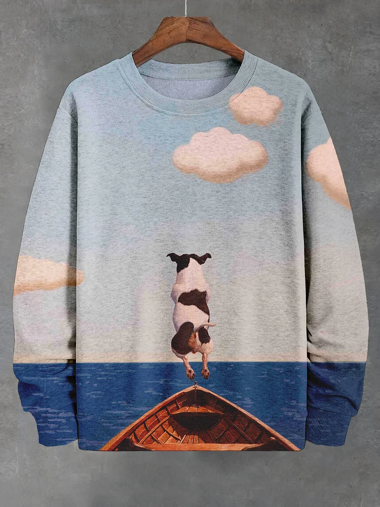 Men's A Dog Jumping On A Boat Art Print Casual Sweatshirt