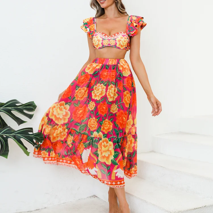 Ruffle Contrast Print Bikini Swimsuit and Skirt Flaxmaker