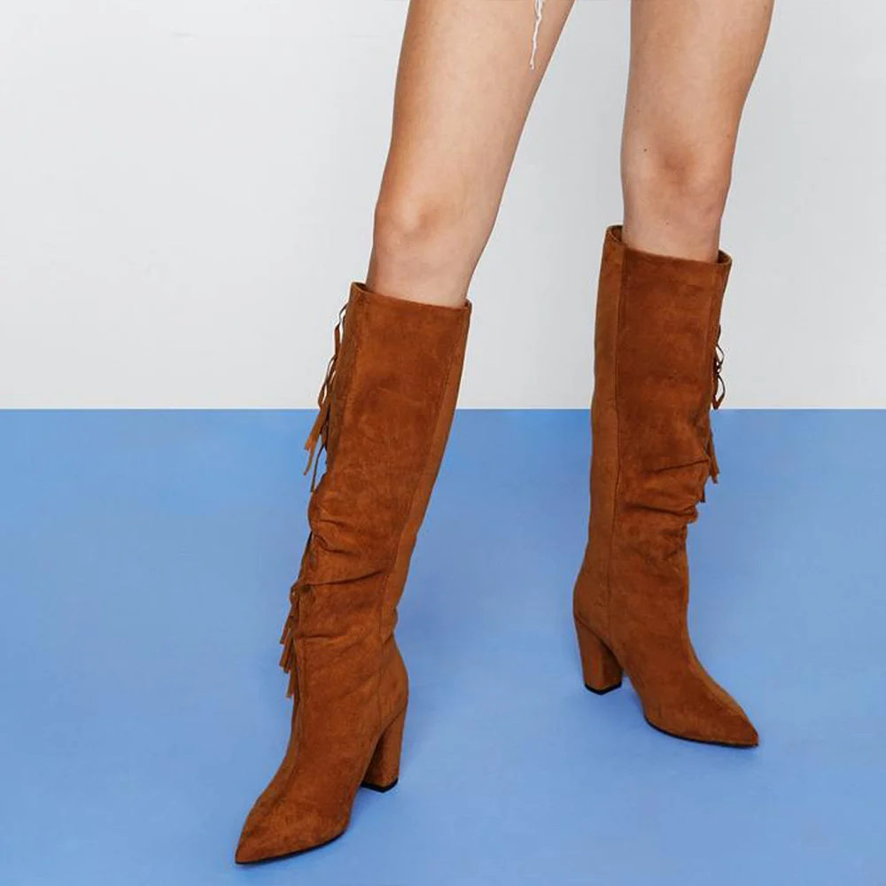 Brown Pointed Toe Tassel Decor Suede Chunky Heel Knee High Boots Nicepairs