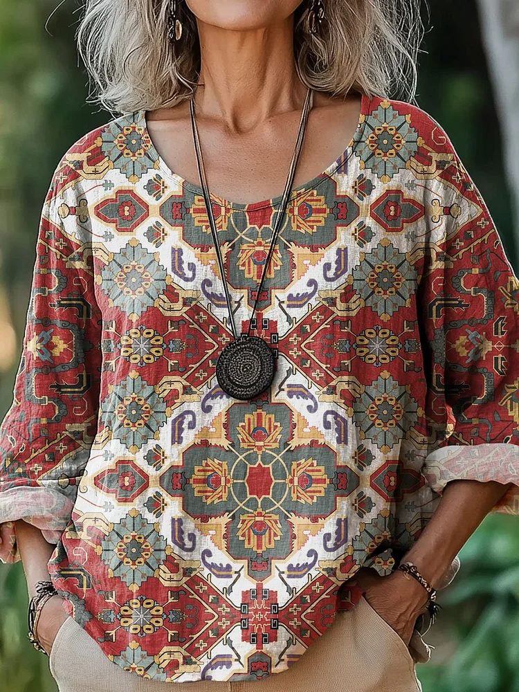 Women's Vintage Flower Art Print Casual Cotton And Linen Shirt