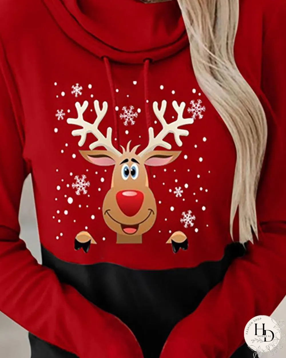 Christmas Moose Print Colorblock Hooded Top