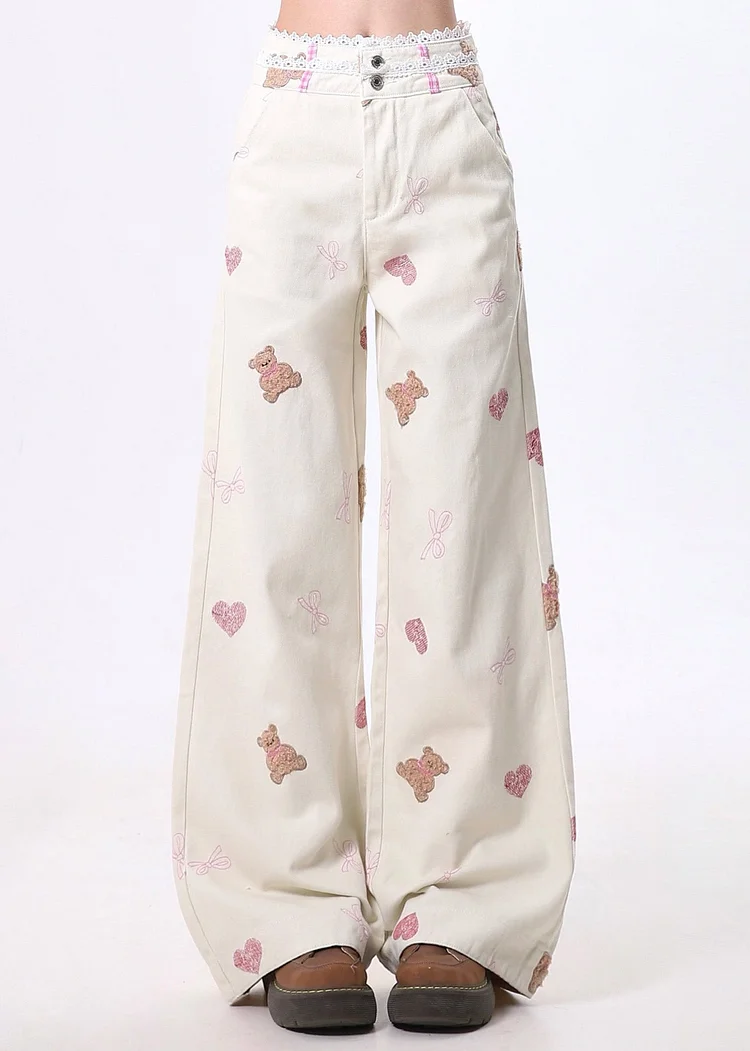 Art White Bear Embroidered Patchwork Lace Denim Straight Pants Spring
