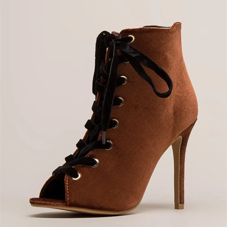 Brown Peep Toe Lace Up Stiletto Heels Ankle Boots |FSJ Shoes