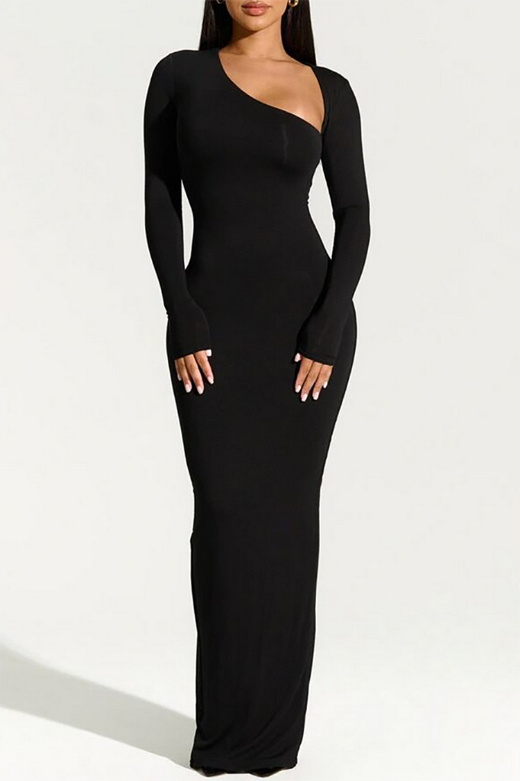 Sloping Shoulder Long Sleeve Bodycon Slit Maxi Dresses-Black