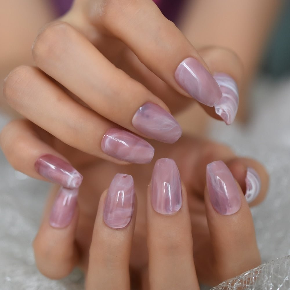 EchiQ Pink Pre-designed Fake Nails Medium Size Marble Coffin Press On Nails Stone Pattern Tips
