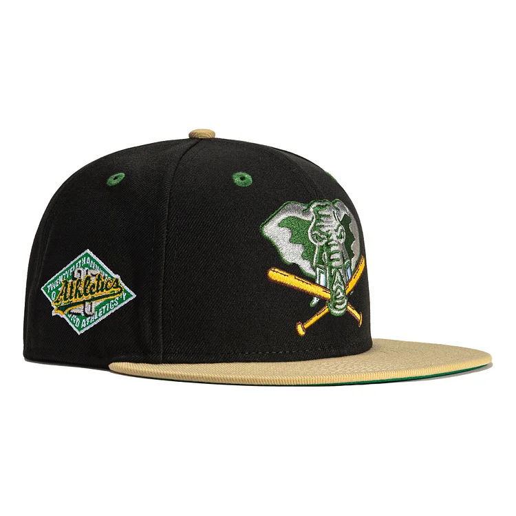 Exclusive New Era 59Fifty Big Easy Oakland Athletics 25th Anniversary Patch Stomper Hat- Black, Tan QueenFunky