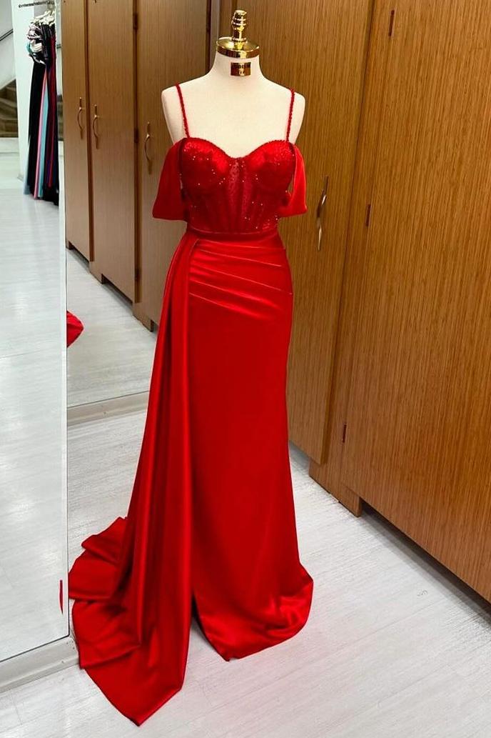 Lvs&Broner Spaghetti Strap Off the Shoulder Sleeveless Long Prom Dress With Sequins