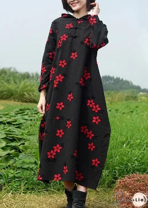 Women Black Embroidery Quilting Dresses Hooded Maxi Spring Dresses