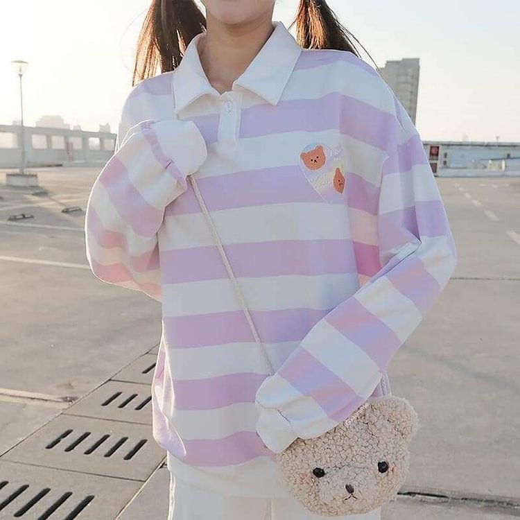 Cute Bears Pastel Purple Striped Sweatshirt SP15949