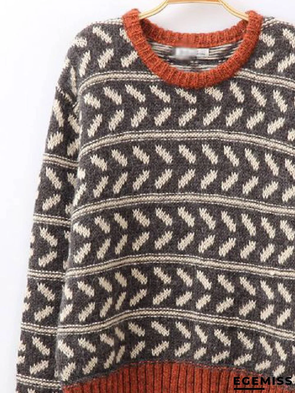 Gray Long Sleeve Leaf Knitted Sweater | EGEMISS