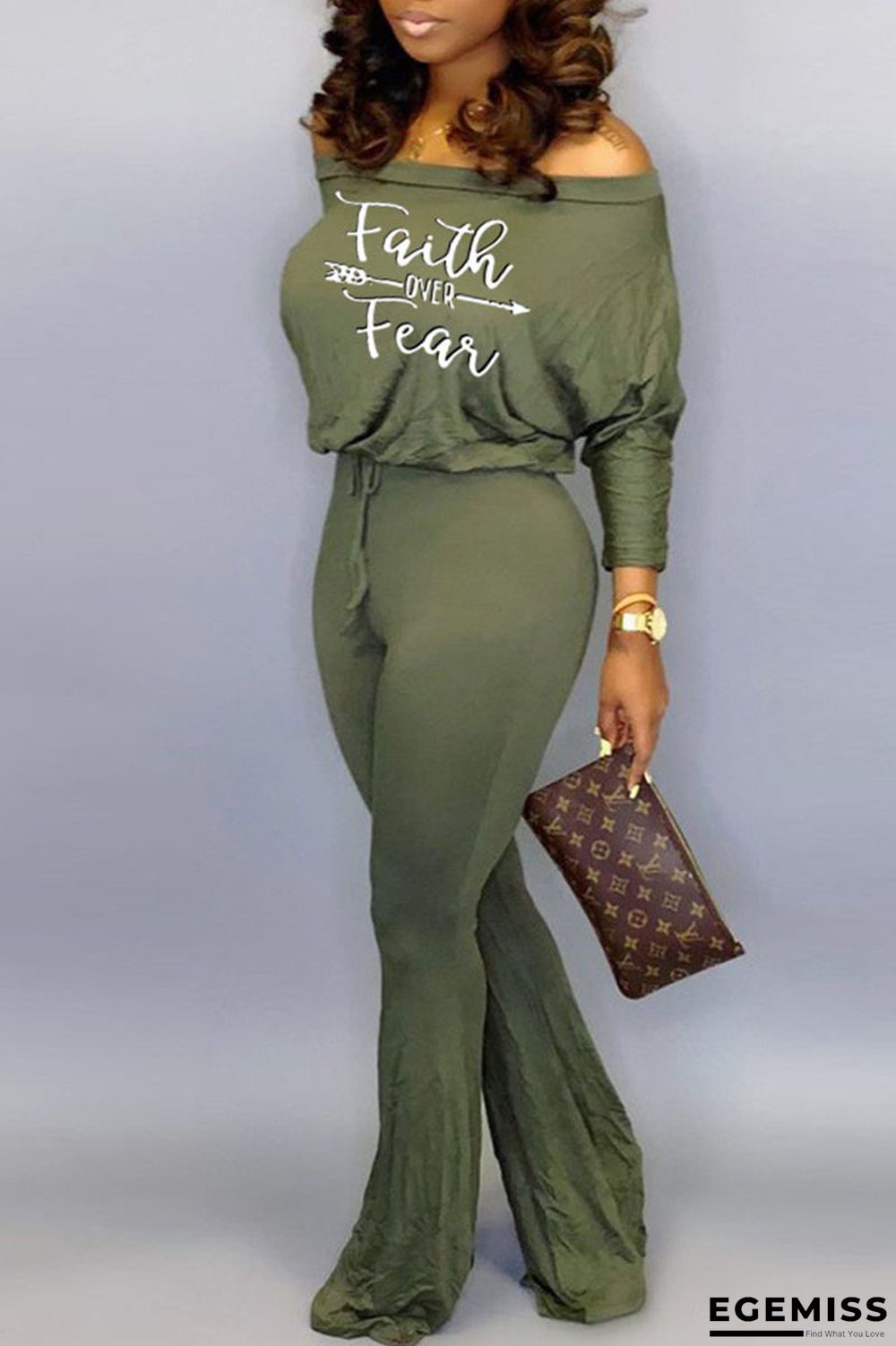 Green Casual Print Patchwork Oblique Collar Straight Jumpsuits | EGEMISS