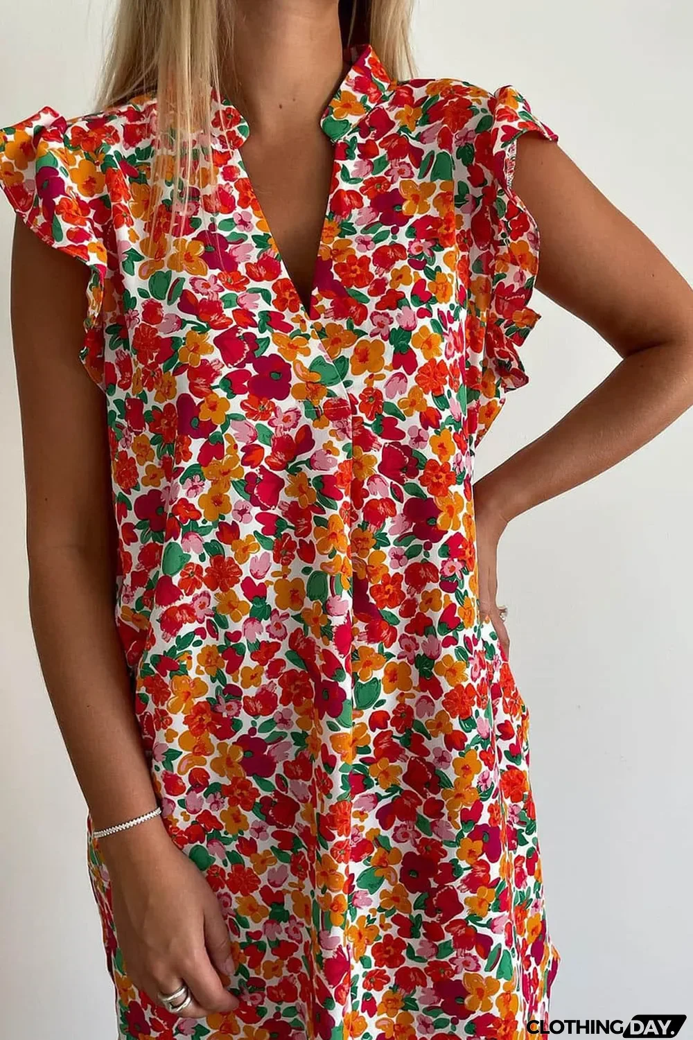 Red Ruffle Sleeve V-Neck Floral Dress