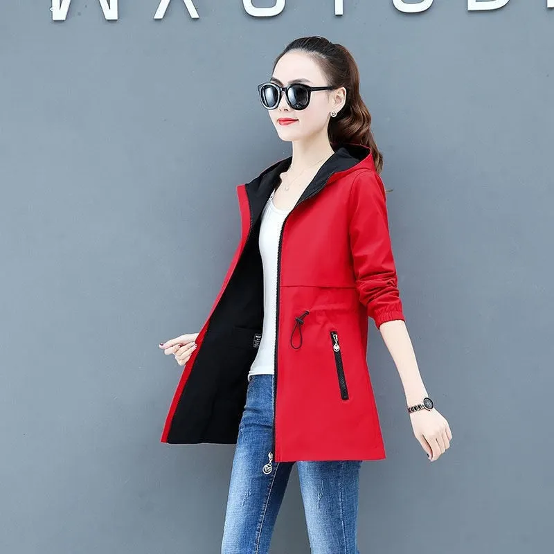 Spring Autumn Women's Trench Coat New Double-sided Wear Plus Size 5XL Hooded Mid Long Outerwear Female Windbreaker Basic Coats
