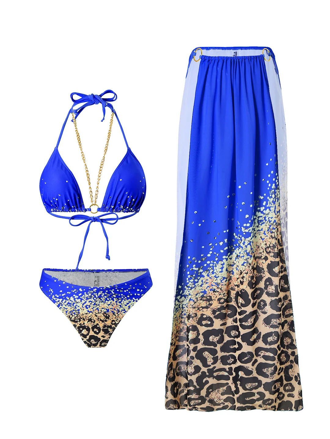 Uveng 2024 New Fixed-Print Leopard Print Three-Piece Mesh Dress Bikini