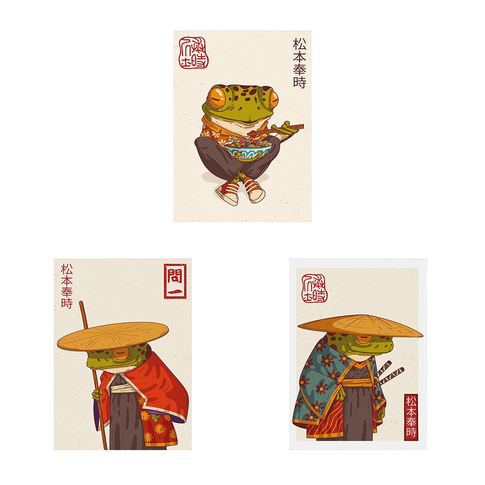 Japanese Set Of 3 Funny Frog Abstract Retro Matsumoto Hoji Wall Art Canvas Painting Poster And Print Wall Picture For Room Decor