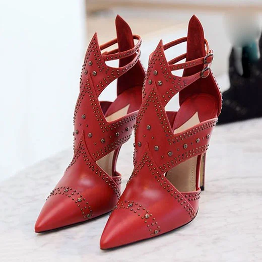Red Studs Shoes Cut out Pointy Toe Stiletto Heels Summer Ankle Boots |FSJ Shoes
