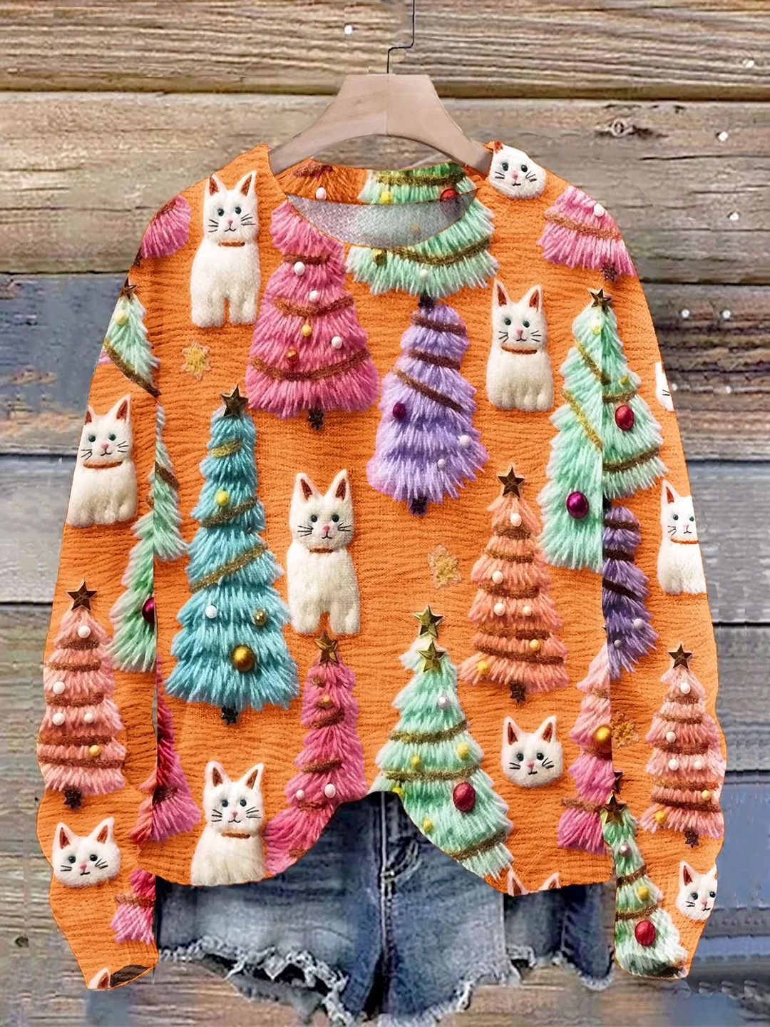 Christmas Tree Cute Cat 3D Print Knit Pullover Sweater