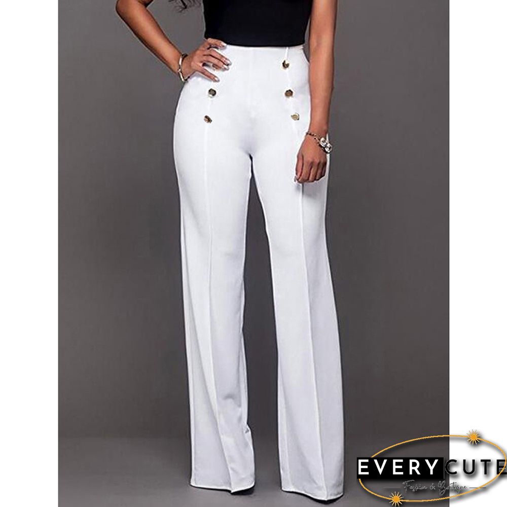 White Button Detail Casual Flare Pants