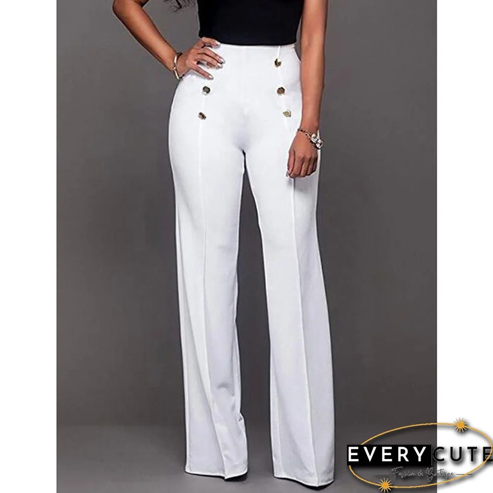 White Button Detail Casual Flare Pants