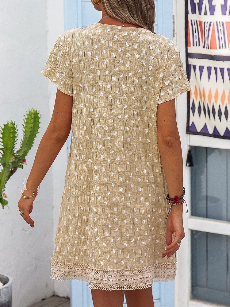 Yellow Short Sleeve V Neck A-Line Polka Dots Women Dress