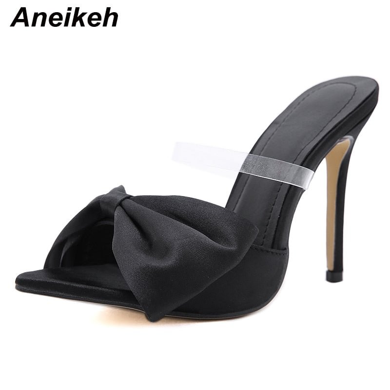 Aneikeh NEW Summer Concise Silk Butterfly-Knot STILETTO MULES Women's Pumps 2021 Sexy Pointed Toe Slingbacks Ladies Party Shoes