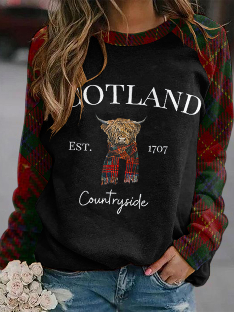 Retro Scotland Highland Cow Bull Head Print Crew Neck Casual Sweatshirt wearshes