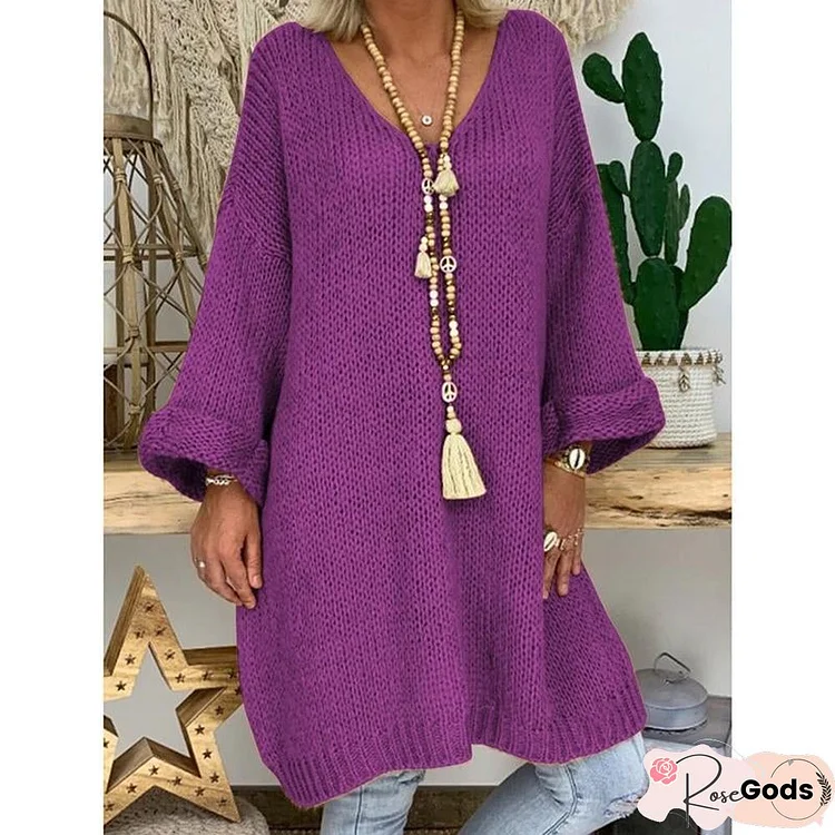 Drop Shoulder V-Neck Knitted Sweater Dresses