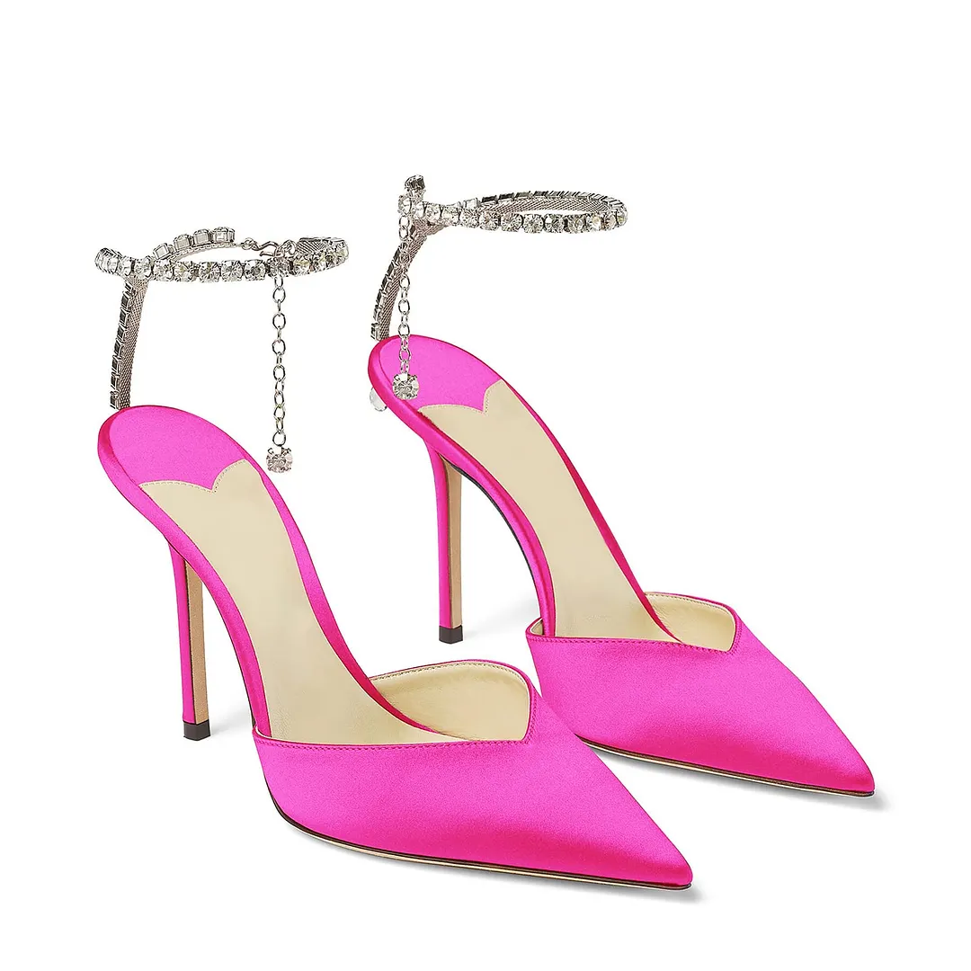100mm Women's Sandals Crystal Chain Ankle Straps Rhinestones Buckle Heels Stiletto Satin Dress Shoes-vocosishoes