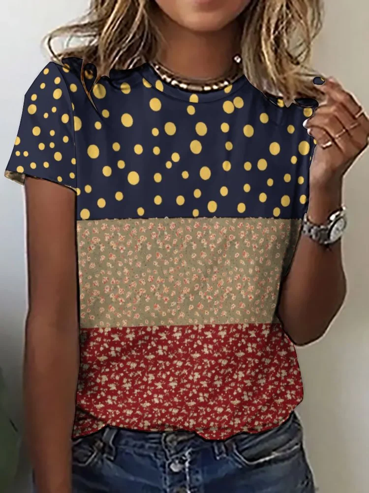 Printed Short Sleeve Casual T-shirt for  Women and Men Unisex Pattern Floral,Polka Dot,Red,Light Coffe,Navy,Stitch