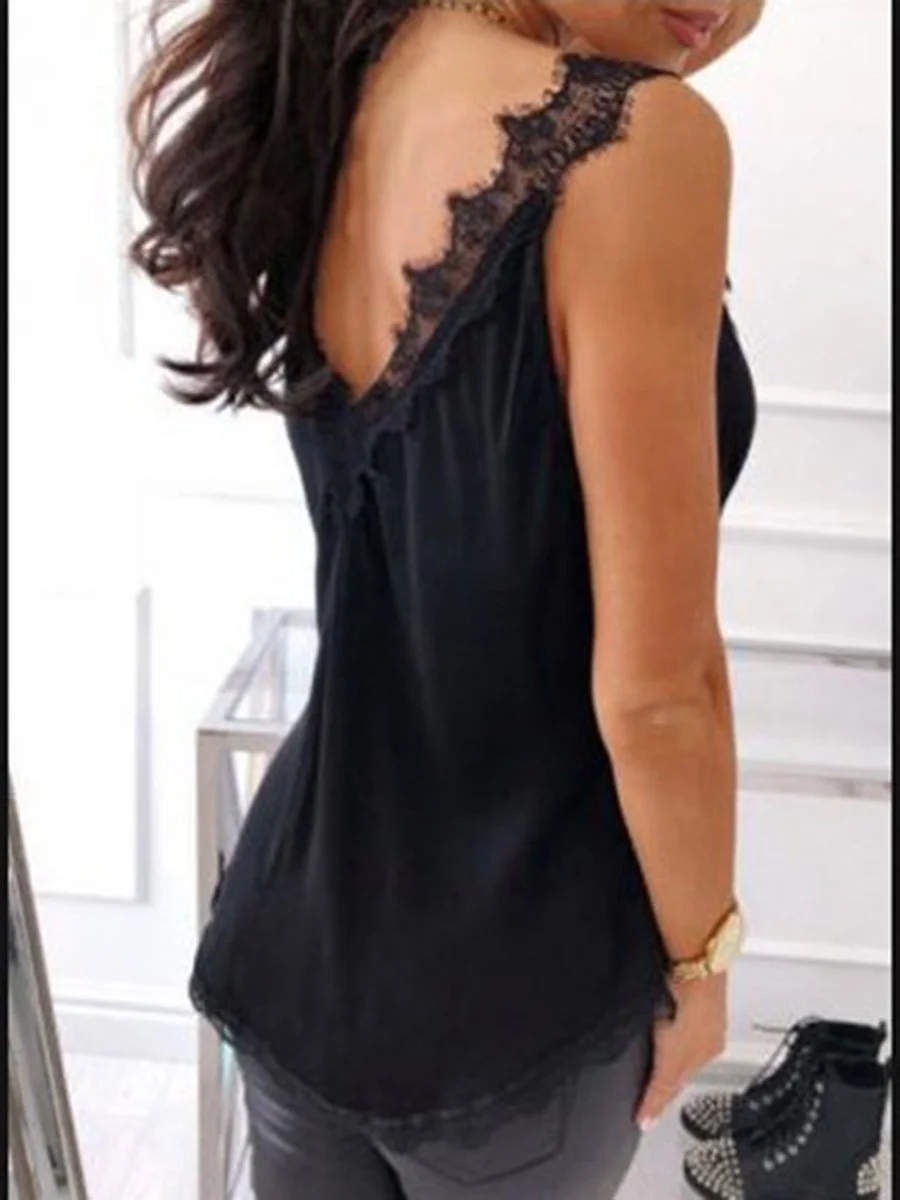 Sexy V-Neck Lace Splicing Solid Color Tank Top