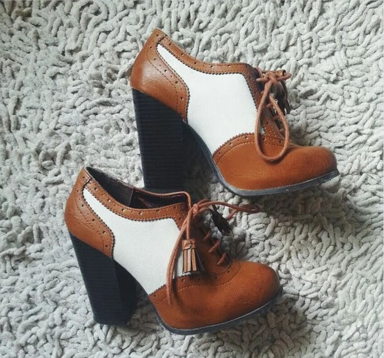 Custom Made Tan and  White Vintage Oxford Heels |FSJ Shoes