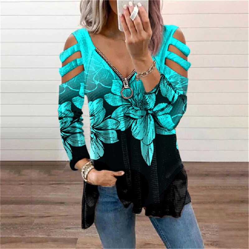 2021 Autumn New Sexy Hollow Out T-Shirt Women's Printed V-Neck Zipper Long-Sleeved T-Shirt Plus Size Casual Loose Street Clothes