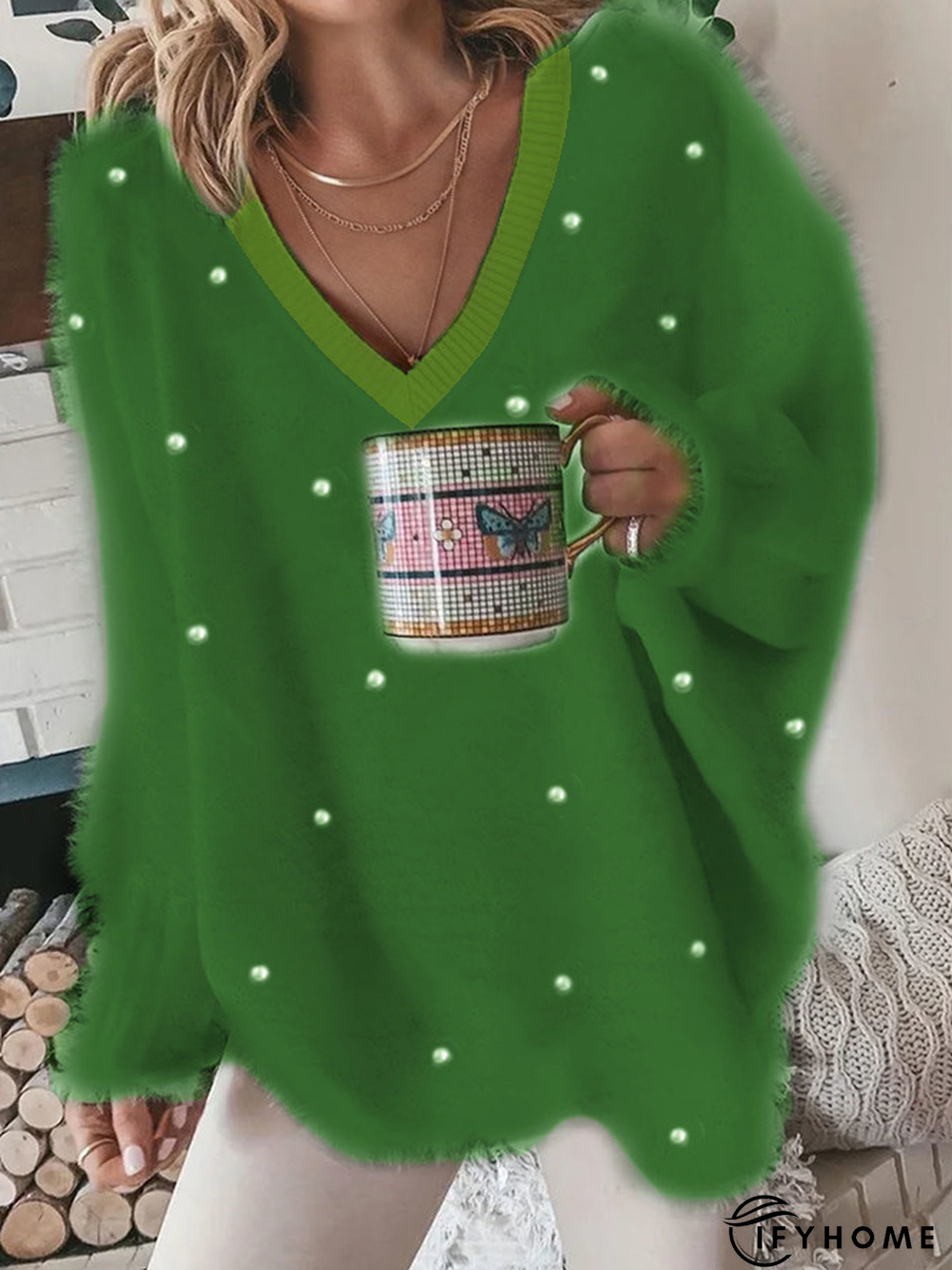 V Neck Casual Plain Pearl Fuzzy Tunic Sweater Knit Jumper | IFYHOME