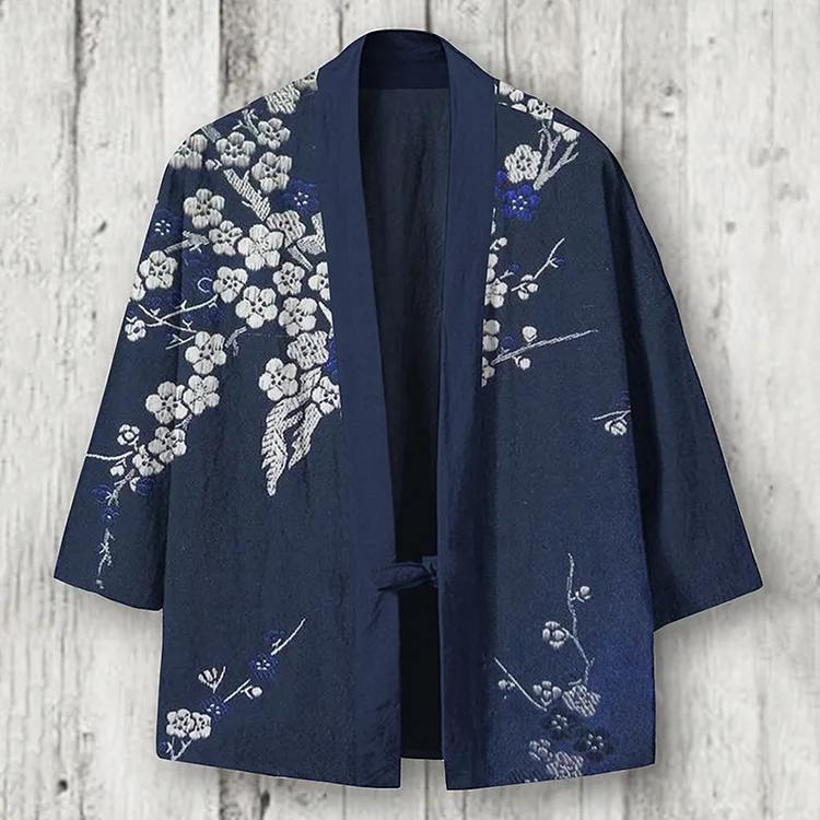 Men's Japanese Art Plum Blossom Linen Blend Kimono Cardigan