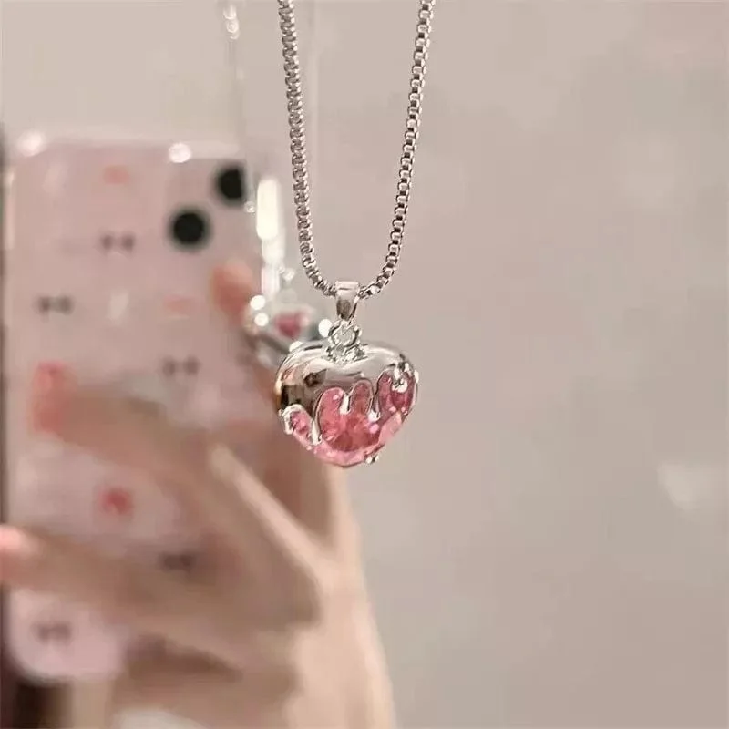 Sweet Diamond Cut Pink Crystal Heart Pendant Necklace