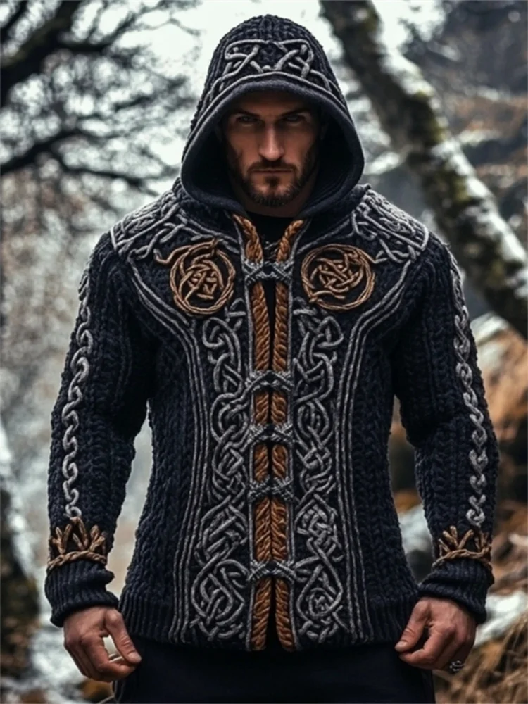 Men's Viking Medieval Celtic Cozy Chunky Hooded Cardigan