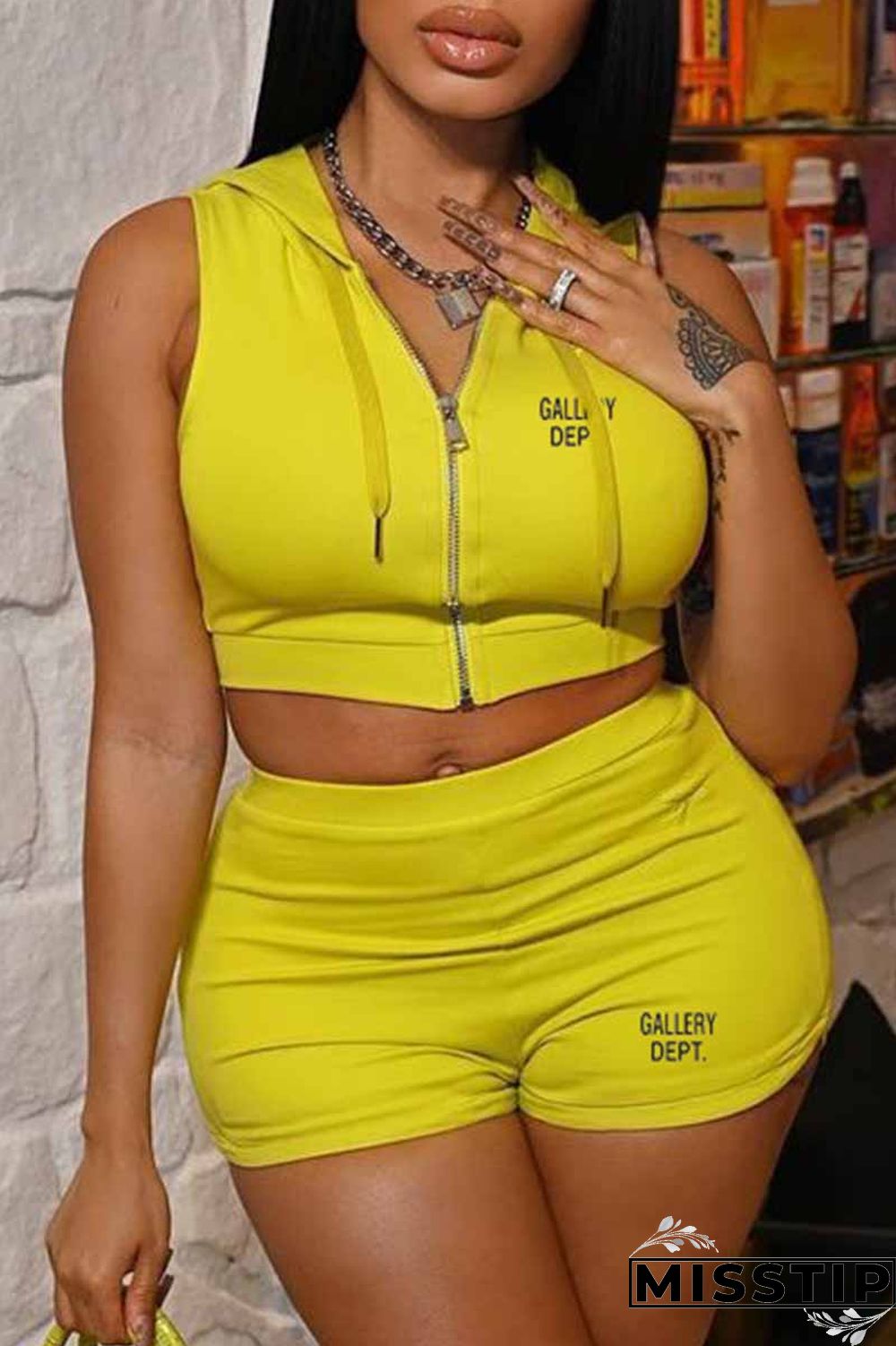 Yellow Casual Print Letter Hooded Collar Sleeveless Two Pieces