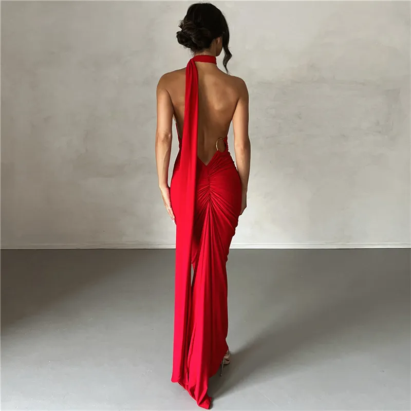 Uveng Uveng New Summer Women's Dress Sexy Back Hanging Neck Bag Hip Slim Evening Dress Dress Woman