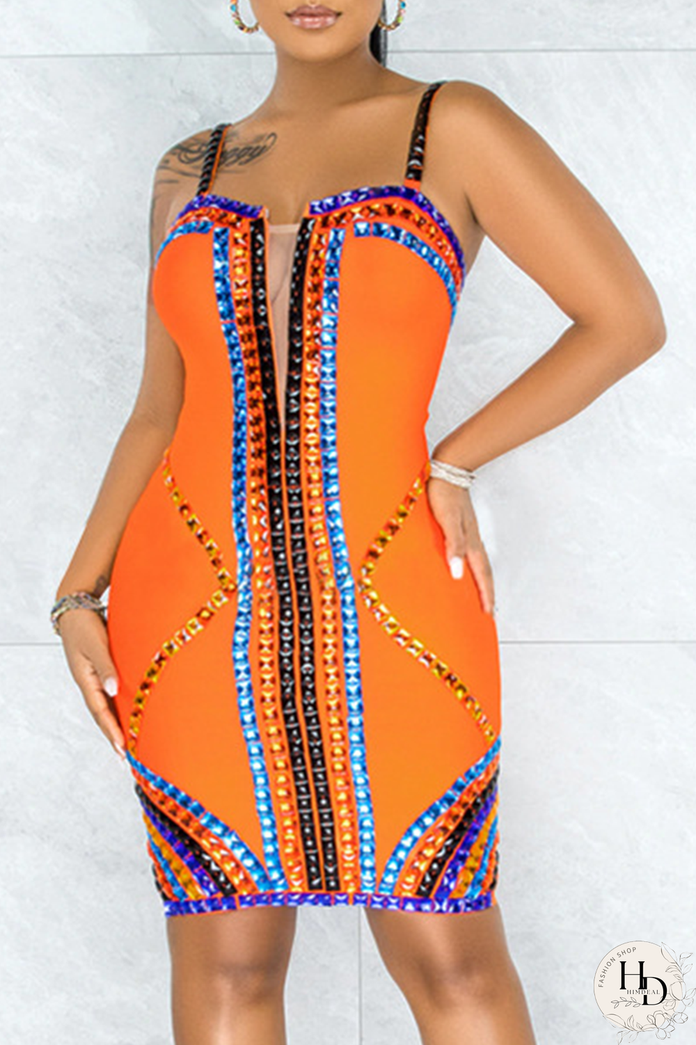 Orange Sexy Patchwork Hot Drill Spaghetti Strap Pencil Skirt Dresses