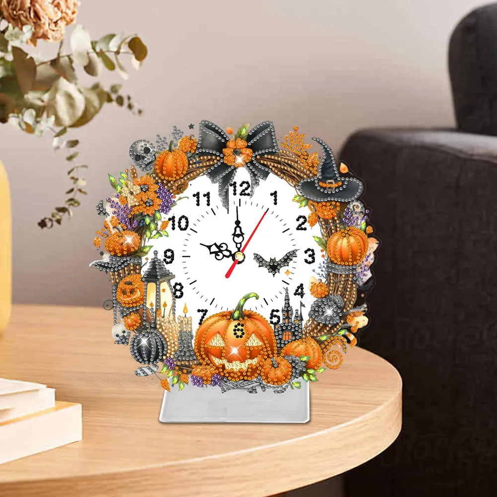 DIY Halloween Pumpkin Acrylic Special Shaped Diamond Painting Clock Desktop Decor