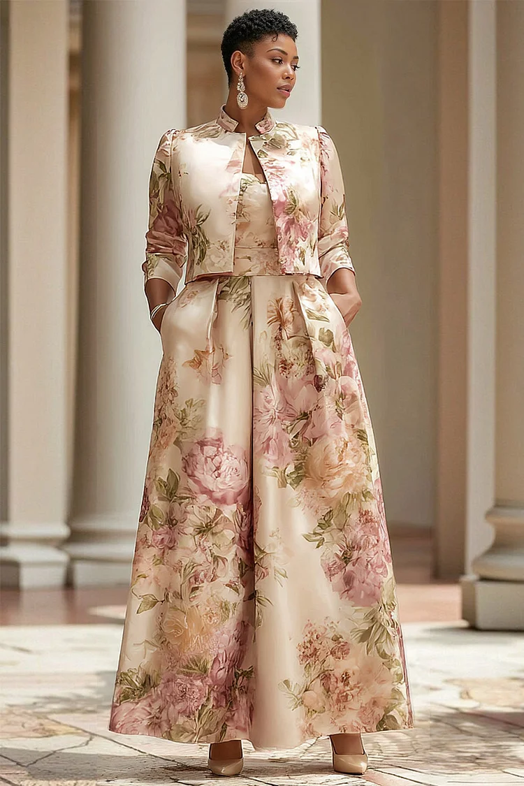 Xpluswear Design Plus Size Formal Champagne Floral 3/4 Sleeve Pocket Satin Two Piece Dress Set 2024 - Xpluswear